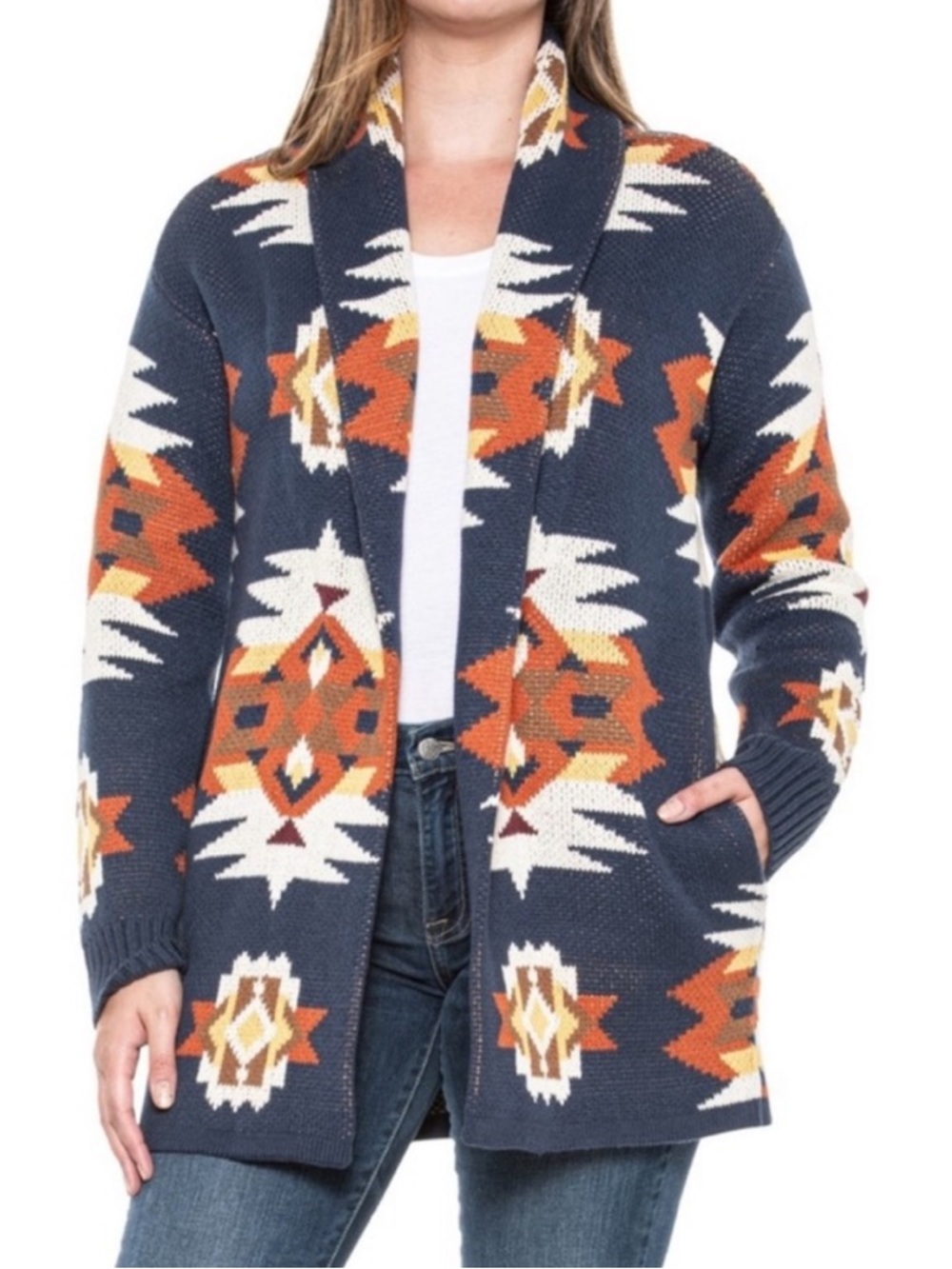 Lucky Brand Navy Aztec Open-Front Cardigan with Orange and Cream Pattern (i184)